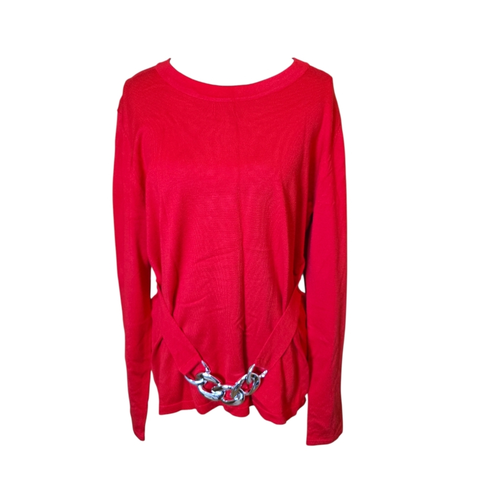 New York & Company Red Long Sleeve Top with Chain Belt L NWT